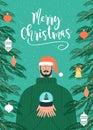 Merry Christmas greeting card illustration of happy man with snow globe Royalty Free Stock Photo