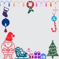 Merry Christmas greeting card illustration images of santa sleigh bells socks christmas tree gifts