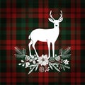 Merry Christmas greeting card, invitation. Deer with Christmas bouquet, floral decoration. Tartan checkered plaid Royalty Free Stock Photo