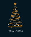 Merry Christmas greeting card or invitation. Vertical vector illustration with gold Xmas tree and white text Royalty Free Stock Photo