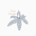 Merry Christmas Greeting Card or Label. Hand Drawn Holiday Illustrations. Fir-needle Branch with Strobile and Candle