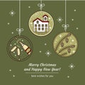 Merry Christmas Greeting Card with Line Art Champagne Bottle, Glasses, Snow House, Pine Cones and Festive Background Royalty Free Stock Photo