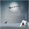 Merry christmas greeting card with little house, fir tree deer and santa claus riding sledge Royalty Free Stock Photo