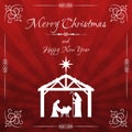 Merry Christmas greeting card with Nativity scene on red background Royalty Free Stock Photo