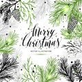 Merry Christmas greeting card with new years tree and calligraphic sigh Merry Christmas.