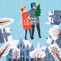 Merry Christmas Greeting Card old city Europe buildings, Couple in Love with christmas tree. Lettering Vector poster