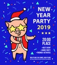 Merry Christmas greeting card with Pig in a Santa`s clothes, a red cap and star glasses. 2019 year of the pig. Christmas