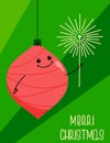 Merry Christmas greeting card. Pink Christmas ball holds sparkler. Festive cute new year poster