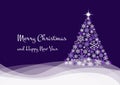 Merry Christmas greeting card postcard christmas tree made from various white snowflakes, stars and bright lights on