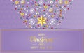 Merry Christmas greeting card, postcard, Poster with red, gold and green balls, shiny ribbon andsnow flake on purple background. Royalty Free Stock Photo