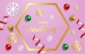 Merry Christmas greeting card, postcard, Poster with red, gold and green balls, shiny ribbon and gold snow on purple background. Royalty Free Stock Photo