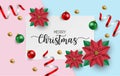 Merry Christmas greeting card, postcard, Poster with red and green balls, shiny ribbon and red poinsettia flowers on pink blue Royalty Free Stock Photo