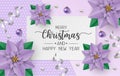 Merry christmas greeting card with purple poinsettia flowers, white and purple balls on purple background Royalty Free Stock Photo