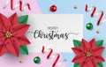 Merry christmas greeting card with red poinsettia flowers on pink and blue background. Vector illustration Royalty Free Stock Photo