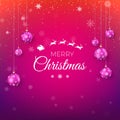 Merry Christmas greeting card in red and purple colors. White silhouette of flying Santa Claus with reindeer sleigh Royalty Free Stock Photo