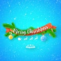 Merry Christmas greeting card with red ribbon, xmas tree and snow on blue background. Royalty Free Stock Photo