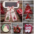 Merry christmas greeting card in red and white color on wood. Royalty Free Stock Photo