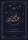 Merry Christmas greeting card with rose gold lines and dark background. Christmas ball, snowflakes and lettering luxury card. Royalty Free Stock Photo