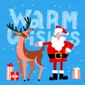 Merry Christmas greeting card with Santa Claus and deer. Vector illustration of cartoon character standing together with gift Royalty Free Stock Photo