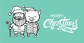 Merry Christmas greeting card with Santa Claus and Pig in a striped clothes, in a Santa`s red cap. 2019 year of the pig Royalty Free Stock Photo