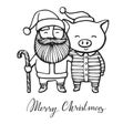 Merry Christmas greeting card with Santa Claus and Pig in a striped clothes, in a Santa`s red cap. 2019 year of the pig Royalty Free Stock Photo