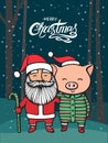 Merry Christmas greeting card with Santa Claus and Pig in a striped clothes, in a Santa`s red cap. 2019 year of the pig Royalty Free Stock Photo