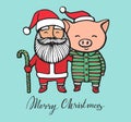 Merry Christmas greeting card with Santa Claus and Pig in a striped clothes, in a Santa`s red cap. 2019 year of the pig Royalty Free Stock Photo