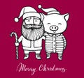 Merry Christmas greeting card with Santa Claus and Pig in a striped clothes, in a Santa`s red cap. 2019 year of the pig Royalty Free Stock Photo