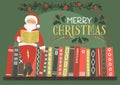 Merry Christmas greeting card. Santa Claus reading book.