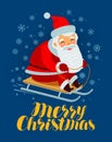 Merry Christmas greeting card. Santa Claus rides a sled. Cartoon vector illustration Royalty Free Stock Photo