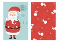 Merry Christmas greeting card, santa, deer, Xmas decoration, retro designs. Holiday themed patterns. Vector Royalty Free Stock Photo