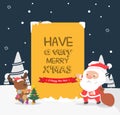 Merry Christmas greeting card.Santa and reindeer. Royalty Free Stock Photo