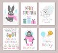 Merry Christmas greeting card set with cute xmas tree, rabbit, penguin, bear, balloons, gifts and other elements. Cute Hand drawn Royalty Free Stock Photo