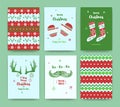 Merry Christmas greeting card set with socks, winter gloves, mus