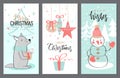 Merry Christmas greeting card set wolf, snowman, balls and gift. Vector illustration. Royalty Free Stock Photo