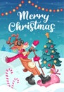 Merry Christmas greeting card, singing cool reindeer with microphone and christmas tree Royalty Free Stock Photo