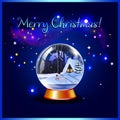 Merry christmas greeting card of snow crystal globe with winter night and magic sparkling Royalty Free Stock Photo