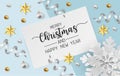 Merry christmas greeting card with snowflake, white and gold balls and gold star on light blue background. Vector illustration Royalty Free Stock Photo