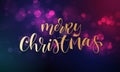 Merry Christmas greeting card of sparkling festive bokeh light background and golden calligraphy lettering text. Vector festive gl