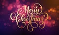 Merry Christmas greeting card of sparkling festive bokeh light background and golden calligraphy lettering wish, Vector festive gl