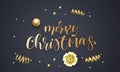 Merry Christmas greeting card template background of golden glitter confetti, gift box with gold ribbon bow. Vector winter holiday Royalty Free Stock Photo