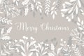 Merry Christmas greeting card, template, banner. Winter frame grey and white holly berry, mistletoe plant, Christmas