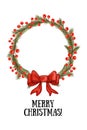 Merry Christmas greeting card template with circle frame holly berry and fir branch, copy space Royalty Free Stock Photo