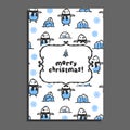 Merry christmas greeting card template with cute cartoon penguin