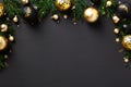 Merry Christmas greeting card template, frame, New Year banner design. Luxury gold baubles and fir branches on black background. Royalty Free Stock Photo