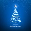 Merry Christmas greeting card template. Garland in form of Christmas tree with star on blue background. Xmas glowing garland. Royalty Free Stock Photo