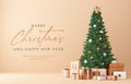 Merry Christmas greeting card template with gold and white gifts under the tree on cream background. Xmas and happy new year flyer