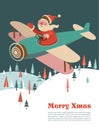 Merry Christmas greeting card template with Santa in an airplane and winter forest background