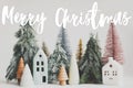 Merry Christmas Greeting card. Merry Christmas text handwritten on christmas little houses and trees on white background,  winter Royalty Free Stock Photo