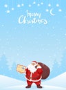 Merry christmas greeting card with text. Santa Claus stands in a snowy forest with a letter and a bag of gifts. Vector Royalty Free Stock Photo